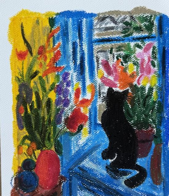 Cat in the window, oil pastel drawing by Ariana Singh