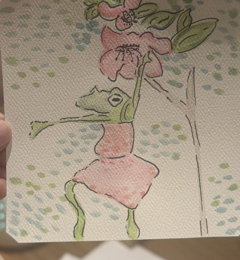 Frog in pink, watercolor + ink drawing by Ariana Singh