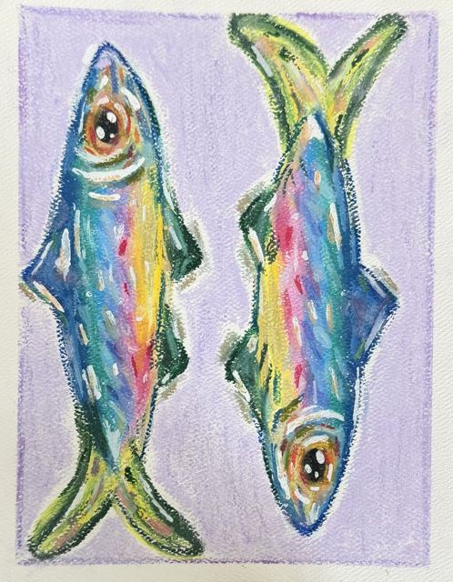 Rainbow fish, oil pastel drawing by Ariana Singh