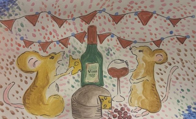 Wine & cheese mice, watercolor + ink drawing by Ariana Singh